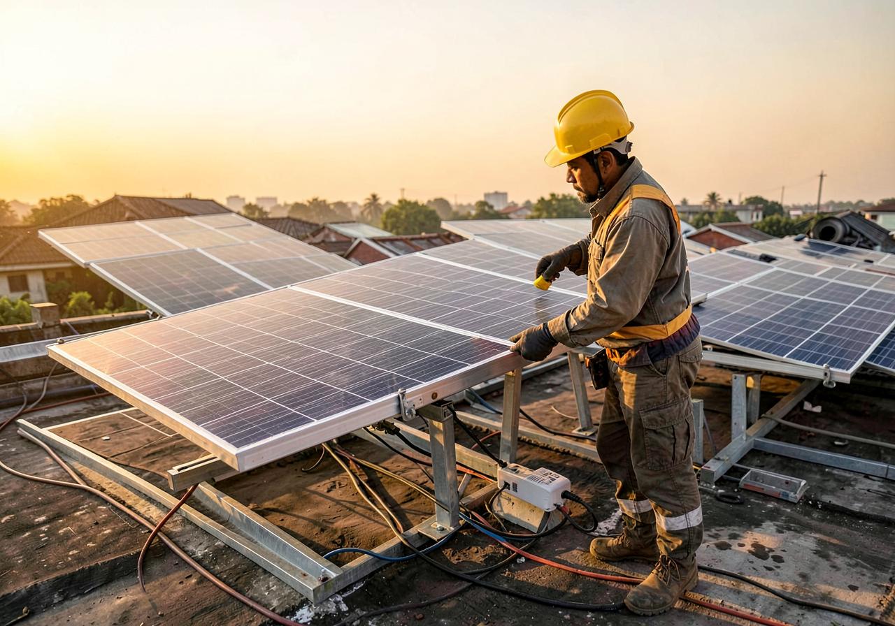Technician installing solar panel mounting structure and cabling on a rooftop in Uttar Pradesh