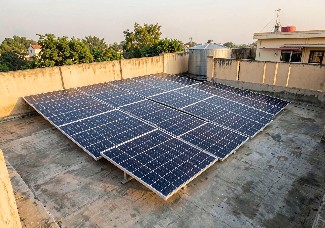 Tilted rooftop solar panels installed on a home terrace in Aligarh, Uttar Pradesh