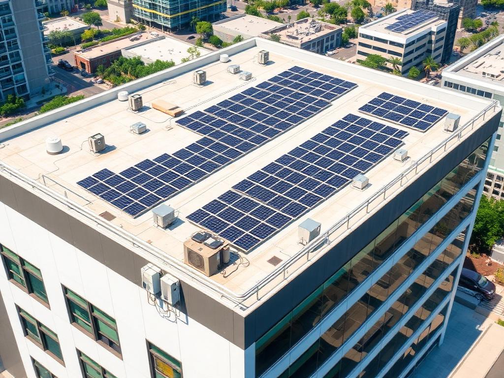 Rows of solar panels covering the flat roof of a modern commercial office building