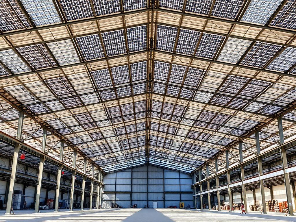 Large industrial factory shed roof fitted with a solar photovoltaic system