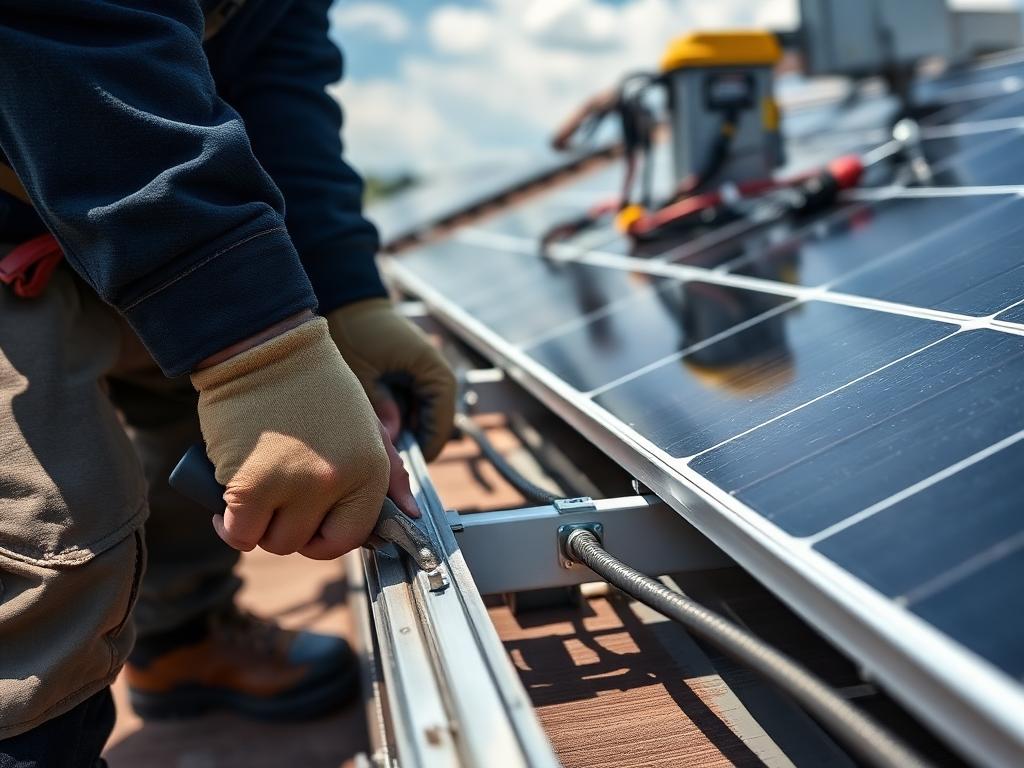 Solar technician fixing panel mounting rails and DC cabling on a rooftop installation